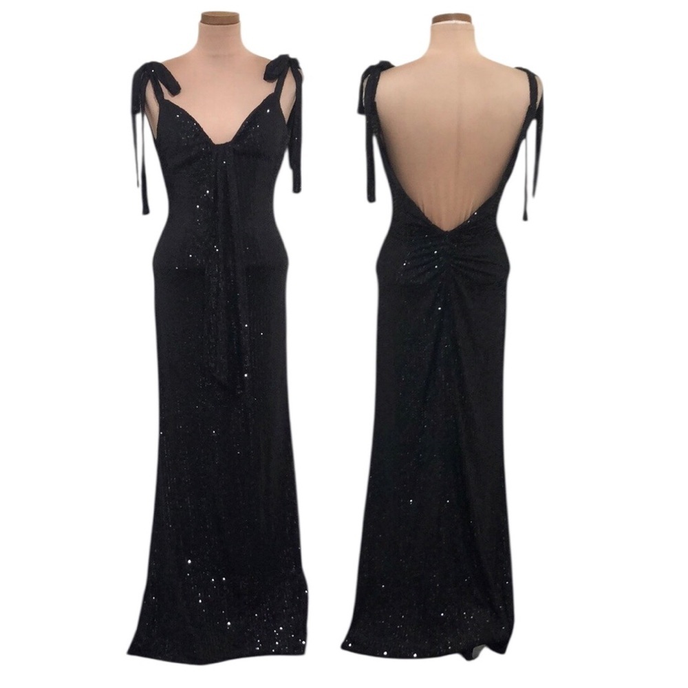 NWT IEENA For Mac Duggal Formal Maxi Dress Size 0 Black Sequin Bow Gown